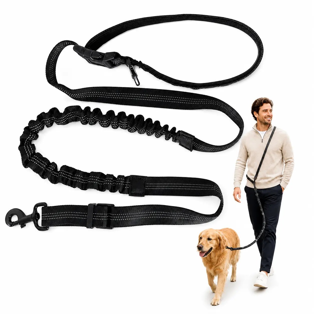 6-in-1 Hands-Free Dog Leash - Shock-Absorbing Bungee, Adjustable Strap, Nylon Fabric, Crossbody/Waist Wear, Universal Fit for Medium & Large Dogs, Walking, Running， daily commute