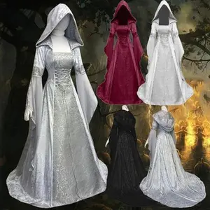 Women's Cosplay Costume Medieval Retro Style Wedding Dress 8 Colors Hooded Waist Dress Cosplay Halloween