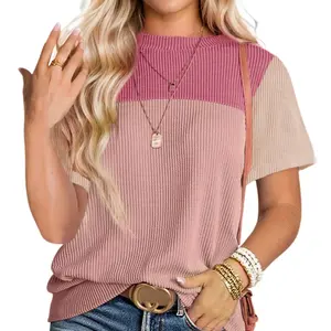 Asvivid Women's Colorblock Short-Sleeved Round Neck Knitted Spring Fashion Summer Tops Casual Loose T-Shirt Top