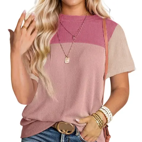 Asvivid Women's Colorblock Short-Sleeved Round Neck Knitted Spring Fashion Summer Tops Casual Loose T-Shirt Top
