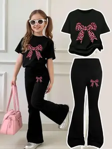 Girls' 4-12y Short Sleeve & Bell Bottoms Set, Panther Bowknot Design, Casual Comfortable, Breathable and Stylish