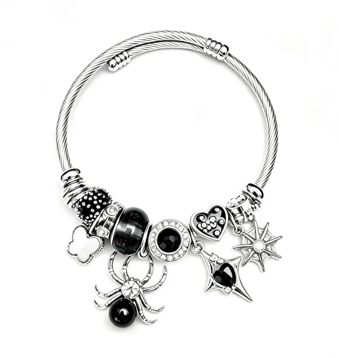 Silver Twisted Cable Open Bangle Bracelet, Black Crystal Spider & Gothic Heart Star Charms Beaded Bracelet, Punk Fashion Jewelry Gift for Women