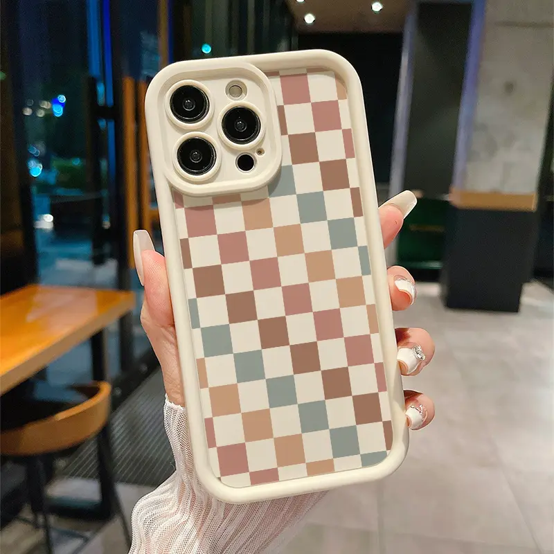 Beige Iphone Cover - Vintage Multicolored Checkered Pattern, Handcrafted, Fits Models 11-17Pro Max Plus  for Iphone 17 16, 15 Pro Max, 14 Plus, 13, 12, 11, XS, X