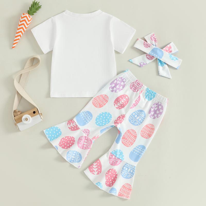 Girls Easter Outfit 6 9 12 18 24Months 2t 3t 4t Short Sleeve Tractor Print T-shirt with Eggs Print Flare Pants and Headband Summer Outfit