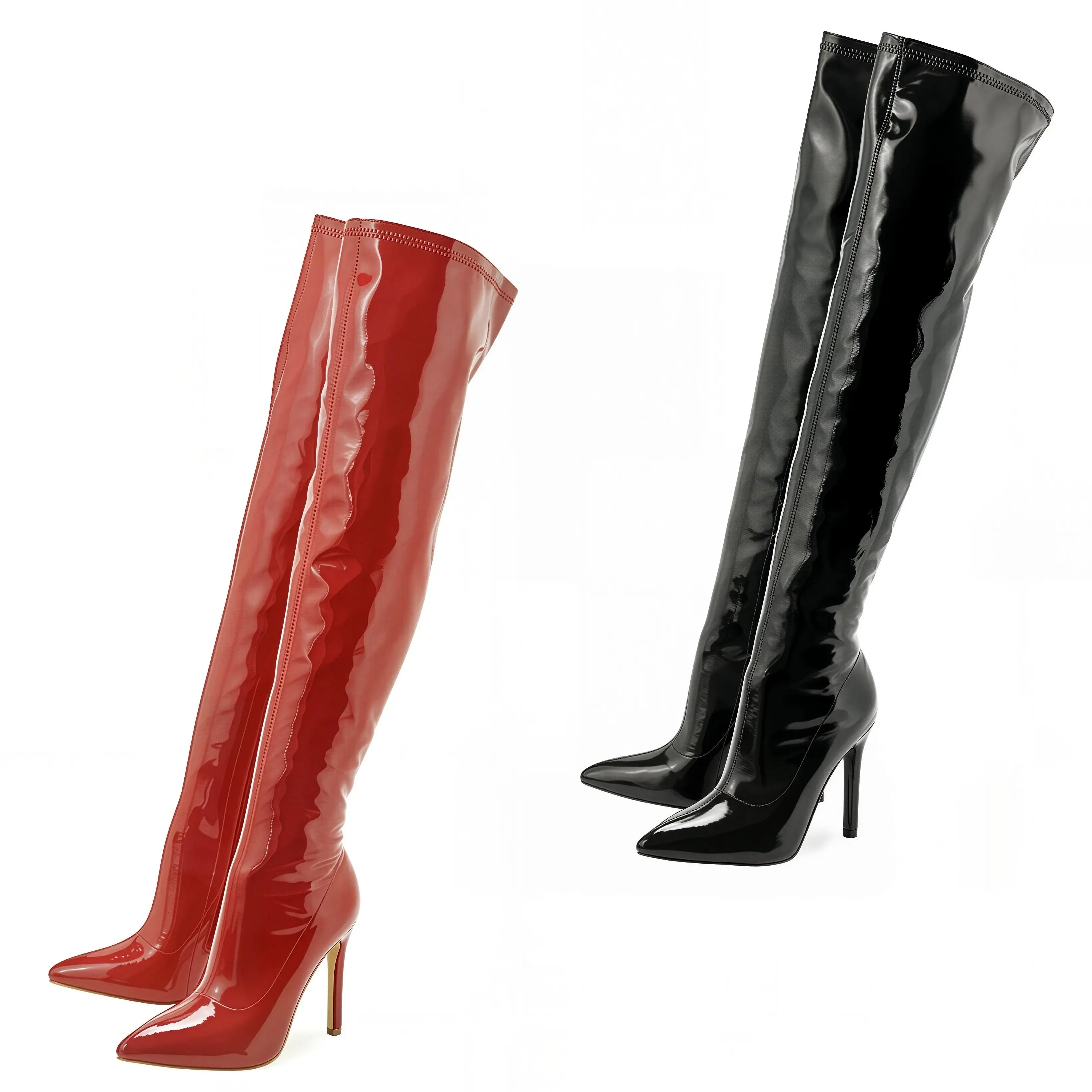 Women's Glossy Patent Leather Pointed Over-the-Knee Footwear, 10cm Stiletto Heels, Stretch Shiny Shaft, Leg-Lengthening Design, Runway Essential, Trendy Versatile Fashion Boots for Club, Party