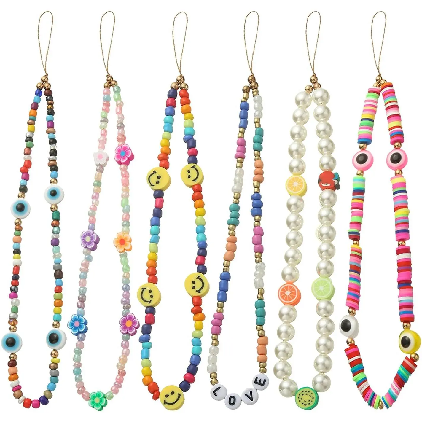 L-PCS028 6PCS Polymer Clay Acrylic Colorful Beaded Cellphone Charms Set - Face, Fruit, Star, Pearl, Rainbow Beads Phone Lanyard Wrist Strap for Women, Mobile Phone Accessories, Set Pack