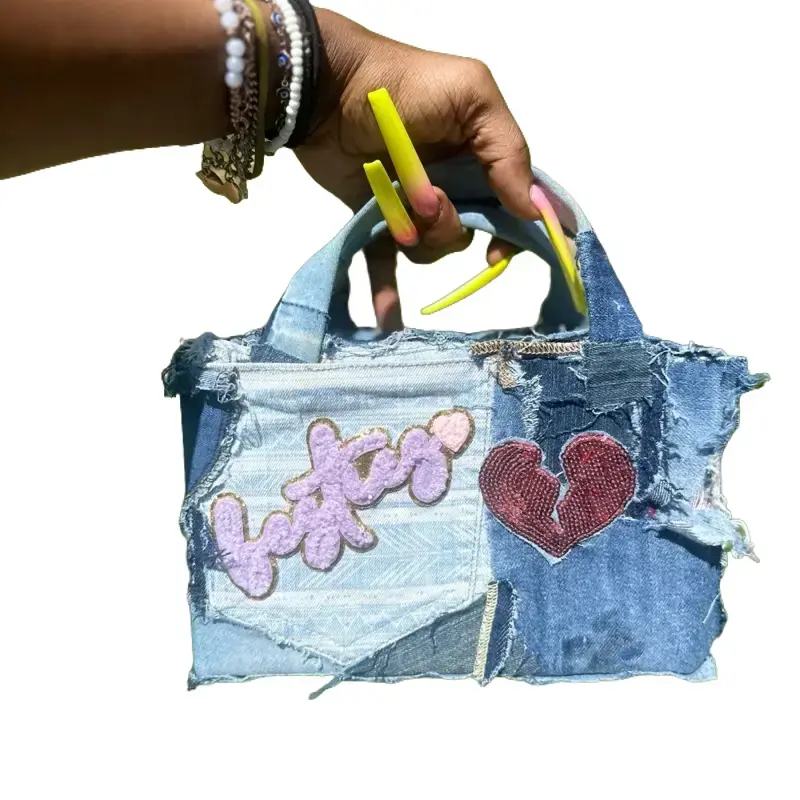 Kraftyey Besty Small Tote Denim Bag with "Besty" Zipper Closure & Heart Patch Unique Lightweight Accessory purse