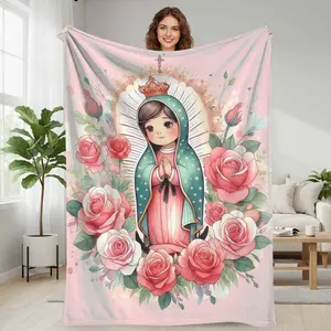 Virgin Mary Flannel Blanket Rose Bloom Print Soft Warm Cozy Lightweight Durable for Bedroom Living Room Prayer Space Religious Gift Home Decor summerwins