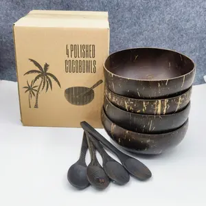 8-Piece Set Polished Natural Coconut Shell Bowls with Wooden Spoons, Eco-Friendly Handmade Edible Coconut Bowls, Salad Bowls, Tableware Gift Box