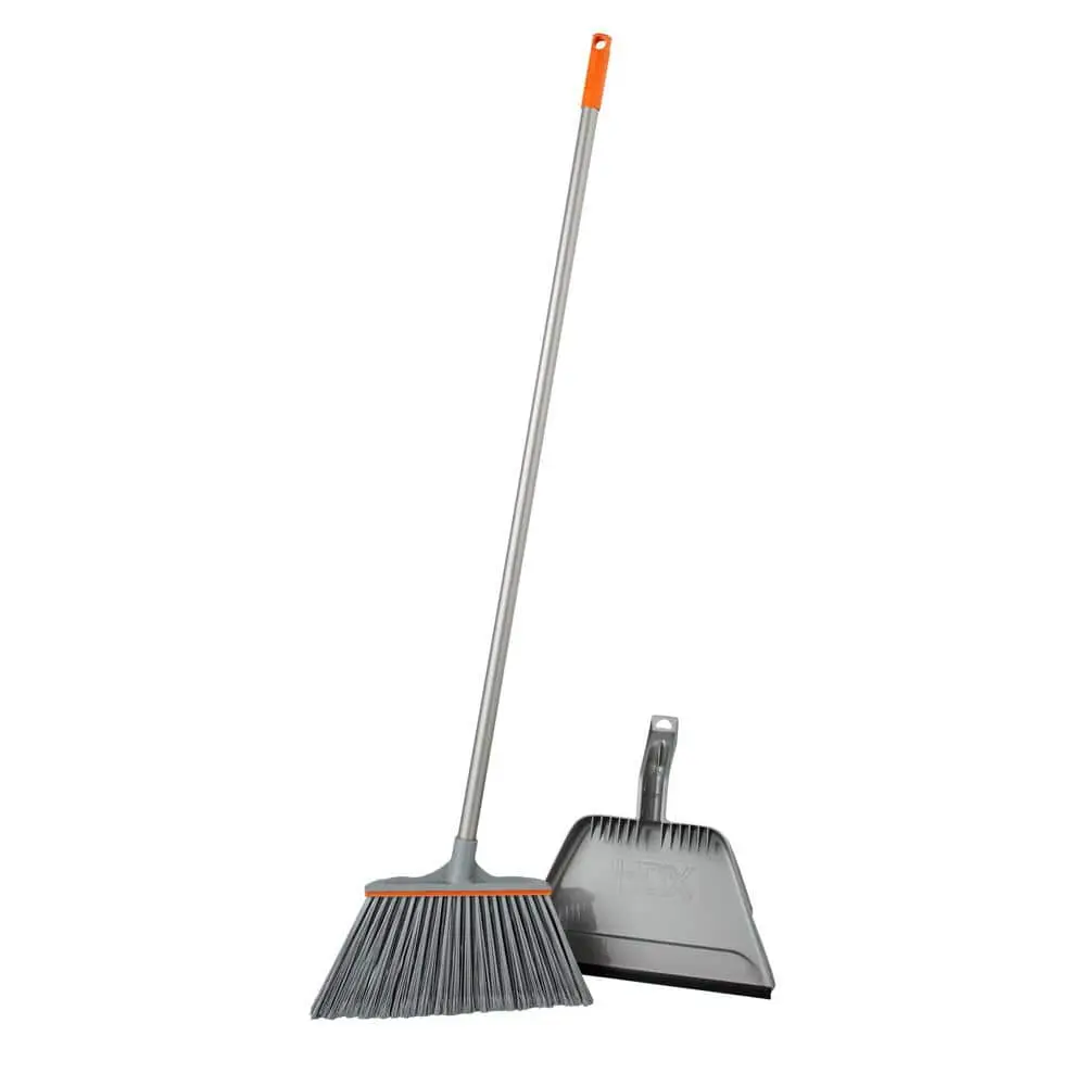 Heavy-Duty Metal Angle Broom + Pan Set (1 Set), 15in Long-Handled Steel Broom with Angled Wet/Dry Fibers, 46in Handle Rugged Block Dustpan for Indoor-Outdoor Corner Wet/Dry Clean Home Care Supplies, Extra-Wide
