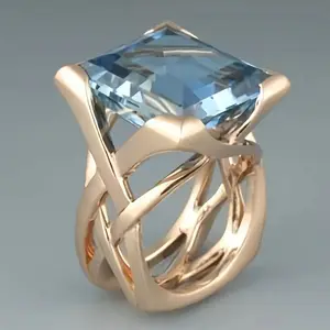 READKISS Women's Vintage Luxury Blue Synthetic Zirconia Ring - KC Golden Plated 4-Prong Square Blue -Like Stone (Turquoise/Tanzanite-Like) Wedding, Anniversary & September Birthstone Jewelry Gift, -, Fashion Bridal Wedding Rings Synthetic Zirconia Rings F