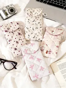 1Pc New Kawaii Ditsy Floral Heart Butterfly Glasses Case Pink Storage Bag, Portable Makeup Pouch, Valentine's Day Gift New Year Present, All Seasons Use