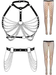 4Pcs Punk Leather Body Chain Belt Set Adjustable Goth Black Layered Waist Belly Chain Belt Rave Party Nightclub Black Body Jewelry Accessories for Women with Fishnet Stockings