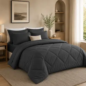 HEVUMYI 7 Pieces Queen Comforter Set, All Season Reversible Bed in a Bag, Ultra Soft Queen Bedding Set with Grey Comforter, Flat Sheet, Fitted Sheet, Pillowcases, Pillow Shams, Dark Grey