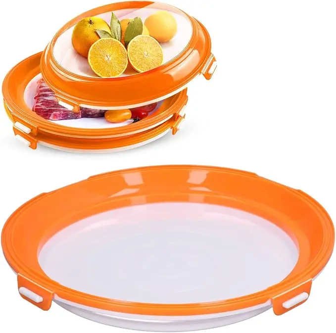 2PCS Stackable Plate Storage Containers with Reversible Stretchable Clear Lids, Space-Saving Food Storage Trays for Fridge, Refrigerator Organizer for Fruits, Vegetables & Meat