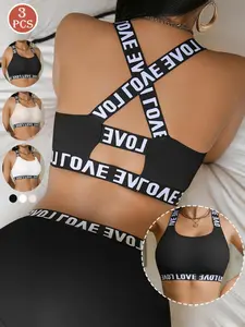 3-Pack Women's Sports Bras, Cross Back Letter Design, Wireless Soft Support, Yoga Fitness Underwire-Free Bra Set