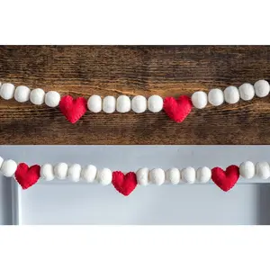 Valentine'S Garland/Valentine'S Day Mantel Decor/Red and White Valentine'S Day/Heart Pom Pom Garland (3 Feet)