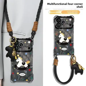 2026 3D Rocking Horse Orange Polka Dot iPhone Case Multifunctional Lanyard 4-Corner Shockproof Protective Cover for iPhone 14 15 16 17 Pro Max Lucky Aesthetic