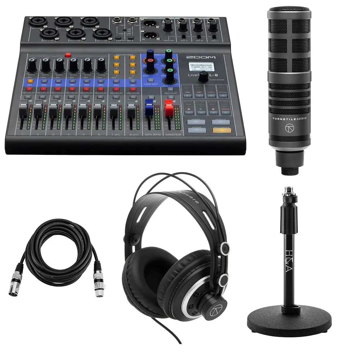 Zoom LiveTrak L-8 Portable 8-Channel Digital Mixer and Multitrack Recorder Bundle with 2x TAP300 Cardioid Dynamic Microphone, 2x Microphone Stand, 2x Semi-Open Back Headphones, 2x Microphone