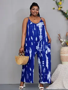 Plus Size Tie Dye Print Spaghetti Strap Jumpsuit, Long Fitted Hem, Pocket Loose Wide Leg, Casual One Piece for Women