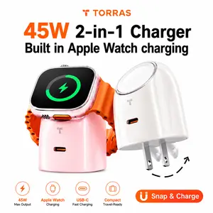 TORRAS Flasheye 45W 2-in-1 Charger for Apple Watch & iPhone17 16 15 14 13Pro Max, Snap-On Magnetic Charging, 45W USB-C PD Fast Charging for iPhone, iPad & MacBook, travel, Compact Cute Desk Charger, Foldable Plug, Travel Friendly,Minimal