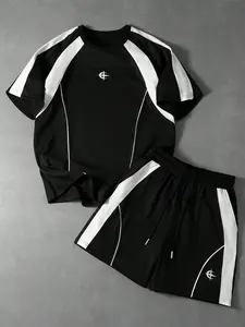 Black White Colorblock Sporty Two-Piece Tracksuit, Men’s Streetwear Short Sleeve Tee & Shorts, Casual Summer Matching Set, Activewear Set, Sporty Chic Outfit, Trendy Outfit for Gym & Everyday Street Style, Athleisure Sportswear Set