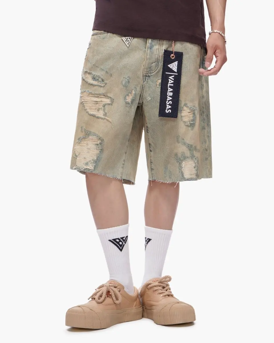 Men's Denim Shorts, Casual Relaxed Fit with a Vintage Wash for a Sporty Chic Streetwear Look, Machine Washable Denim Fabric, Loose-Fitting, Menswear, Vintage Wash Vibe, Signature Valabasas Detailing