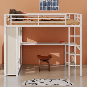 White Woodgrain Queen Loft Bed with Built-in Wardrobe, Desk & Shelves