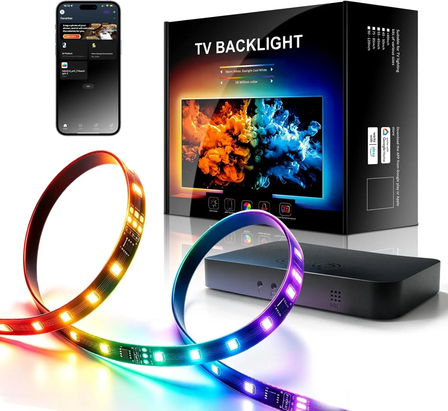 HDMI Sync Box with TV Backlight, RGBIC HDMI Sync Box for 75–85 inch TVs, 4K@60Hz Support, Smart App & Voice Control, Compatible with PS5, Xbox and Streaming Devices.