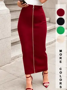 Women's Pencil Skirt Solid with Front Zipper, High Waist Elastic, Perfect for Office, Casual, Dates, Parties, Spring Season