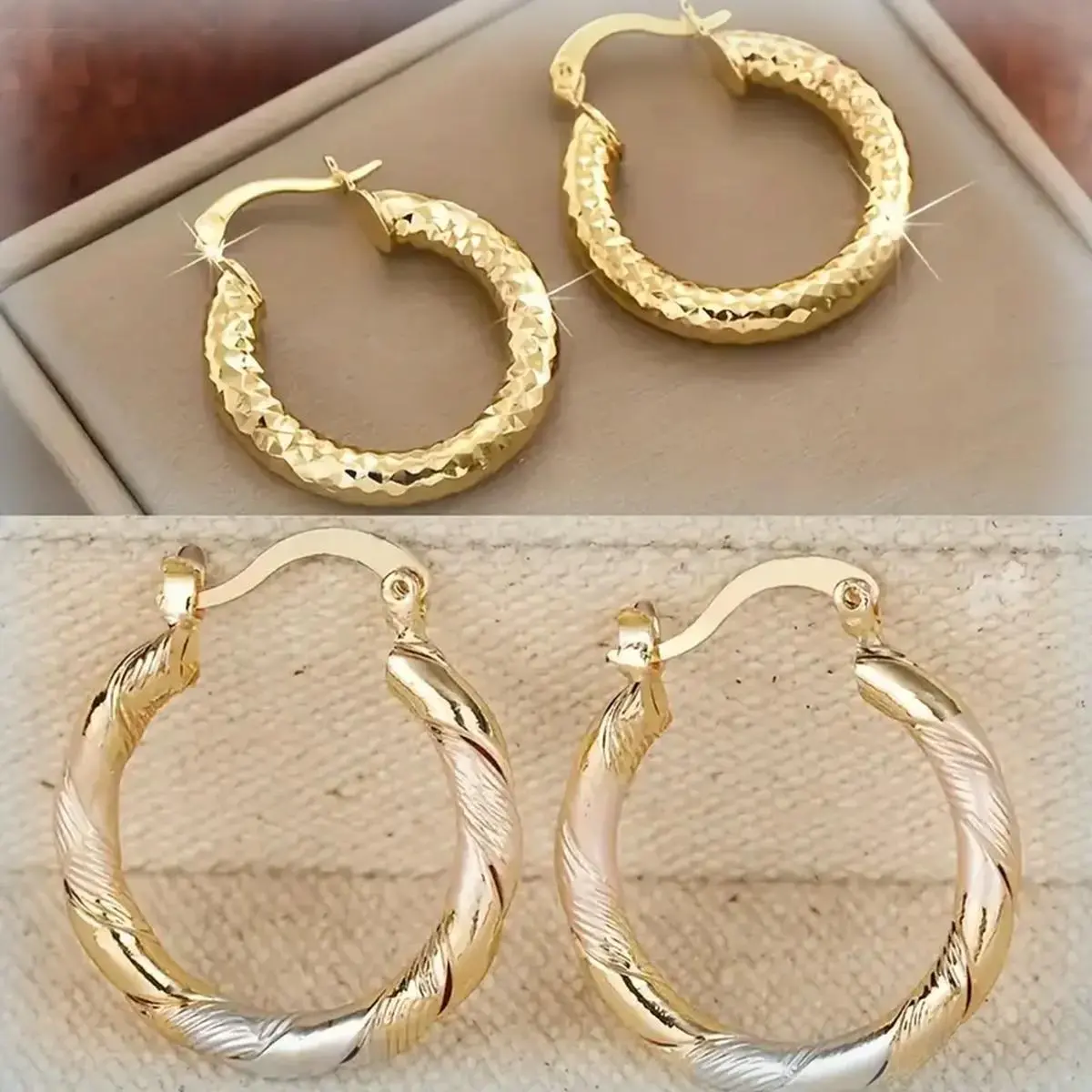 Set of 2 Twisted Hoop Earrings, 14K Gold-Plated Copper Round Hoops, Textured and Tri-Tone Styles, Unisex Jewelry