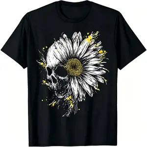 Halloween Daisy Flower Skull Painting Art Drawing T-Shirt for Men & Women, 2026 Summer Short Sleeve Printed Pure 220G Crew Neck Vintage Style, Breathable Elastic Cotton, Regular Fit, Machine Washable