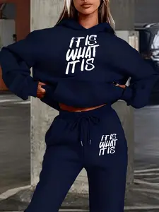 Hooded Sweatshirt Set, Fall Winter Trendy Graphic Print, Casual Style, Comfortable Daily Wear, Loose Fit, Womenswear, Knit