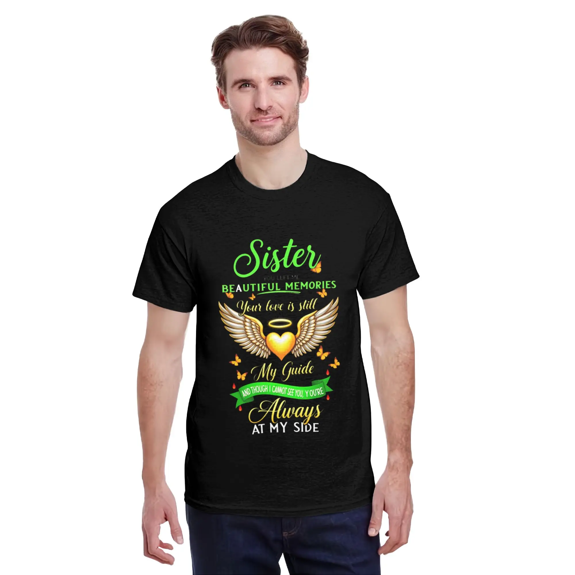 Beautiful Memories My Sister My Angel Lives in Heaven Grief TShirt Comfort Fit Men's Tee Crew Neck Tee UltraSoft Breathable MoistureWicking Casual Summer Tee MustHave Fashionable Tee8Retro Casual Short-sleeved T-shirt with a Round Neck and Printed