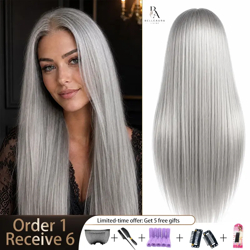 [Order 1, Get 6] BelleAura Living Glueless Synthetic Lace Front Wig - 26 Inch Silver Gray Straight Long Strands, Middle Part, Natural Hairline, Heat Resistant Fiber, Glueless Fit, for Special Events, Synthetic Hair, Women, Lace Frontal Wigs