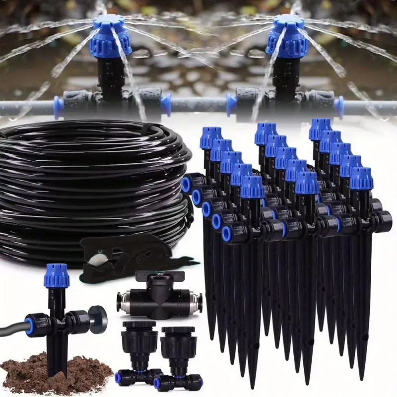 5M-30M 1/4 "garden irrigation watering system, with 8-hole emitter, 180 adjustable elbow nozzle and quick push-in non-slip lock outdoor drip irrigation sprayer, Garden Irrigation Kit