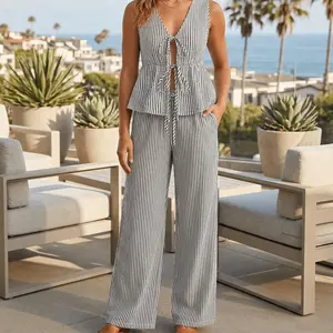 Women's Summer Flowy Two Piece Set, Light Yellow Gingham Crop Top and Loose Trousers