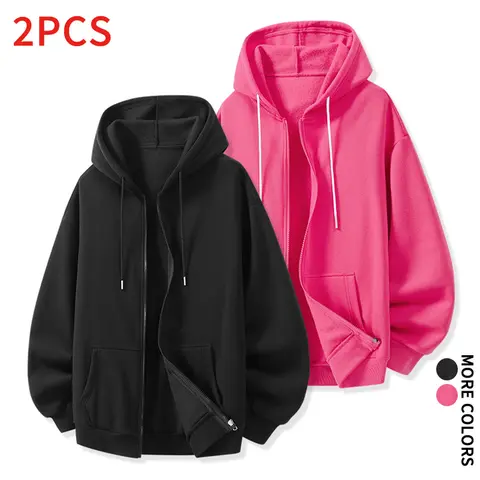 Men's 2-Piece Minimalist Plain Long Sleeve Solid Color Unisex Casual Zip Hoodie - Adjustable Drawstring Loose Hooded Sweatshirt, Menswear Tops for Women #SohoChic