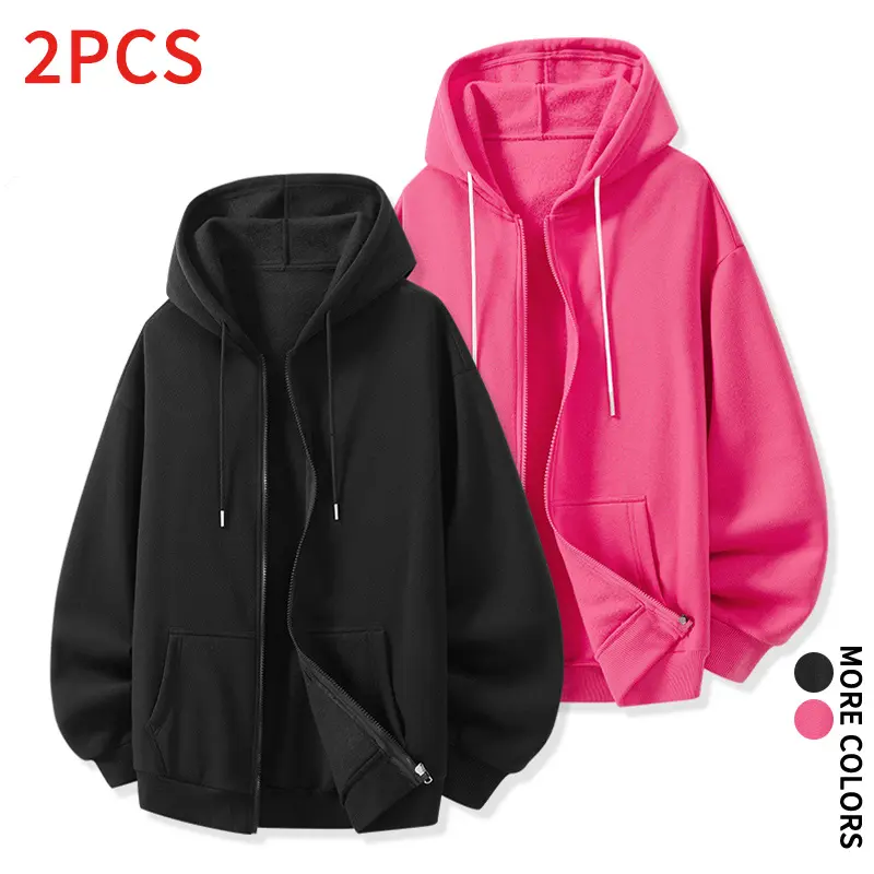 Men's 2-Piece Minimalist Plain Long Sleeve Solid Color Unisex Casual Zip Hoodie - Adjustable Drawstring Loose Hooded Sweatshirt, Menswear Tops for Women #SohoChic