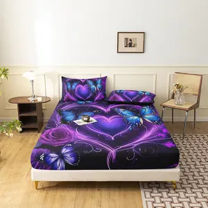 3pcs Purple Blue Butterfly Heart Fitted Sheet Set, Romantic Rose Floral Bedding, For Family Bedrooms Dormitories Hotels,Residential Quarters High Definition Printing (1 Fitted Sheet + 2 Pillowcases, No Pillow)