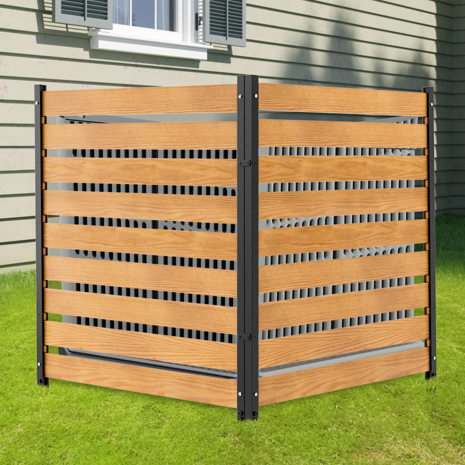 Lilypelle AC Fence for Outside Unit, Outdoor Privacy Fence Screen Wood Panels Metal Stake Trash Can Fence, Pool Equipment Enclosure Fence for Outside