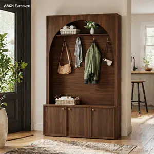 ARCH ON-TREND Farmhouse All-in-One Hall Tree with Adjustable Shelves, Retro Arched Entryway Storage Bench with 3 Cabinets, Wooden Coat Rack Organizer with 4 Golden Hooks for Mudroom, Hallway, Walnut