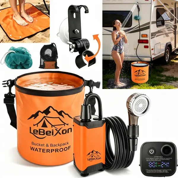 Portable Shower Pump for Camping Shower Kit, 8000mAh IPX8 Pump 90-150 Mins Runtime, 1.6 GPM Flow, Digital Display, 4-Stage Filtration, 4-Gal 2-in-1 Backpack Bucket, Shower Mat & Adjustable Shower Hook