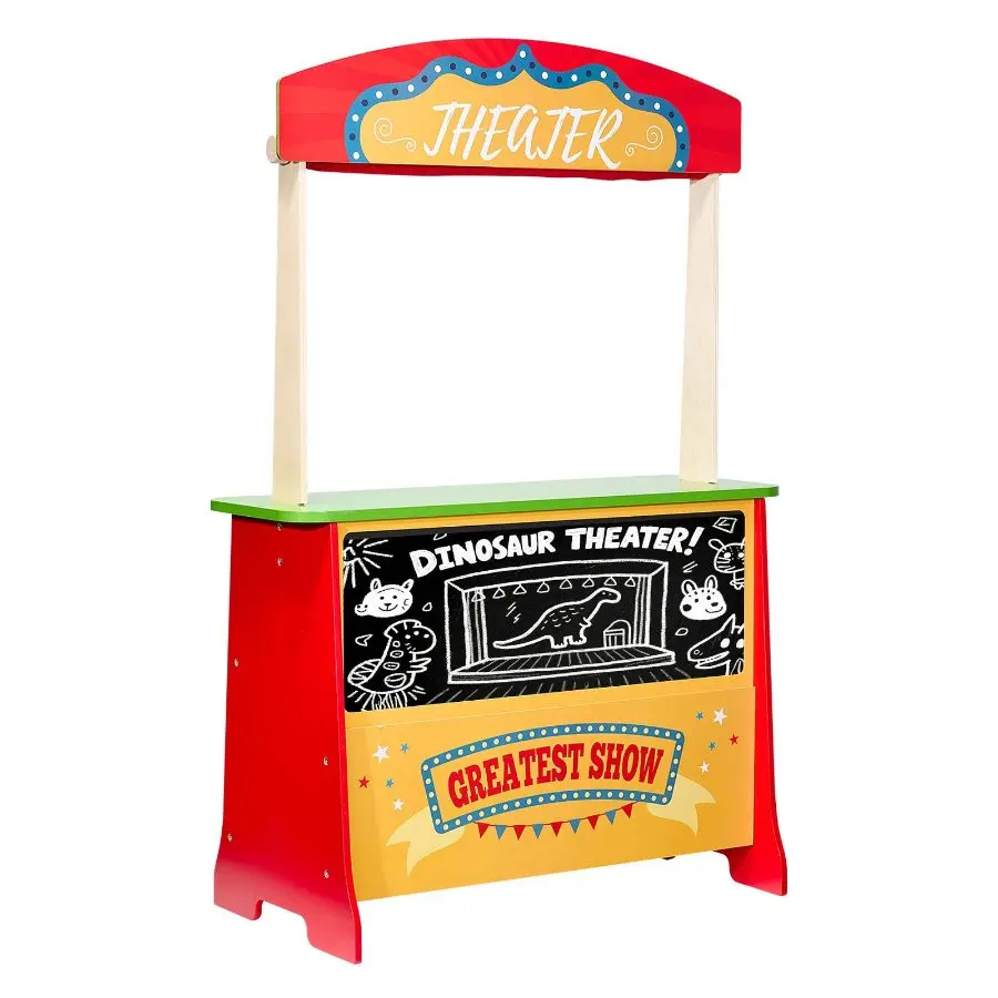 VEVOR Wooden Puppet Theater with Curtains, 2-in-1 Reversible Unisex Play Store, Double-Sided Grocery Playset with Chalkboard Cash Register, Kids Pretend Play Gift