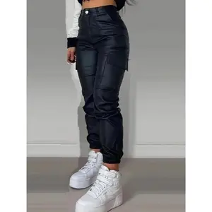 Multi-pocket Leather Look Cargo Jeans, Y2k Streetwear High Stretch Fashion Jogger Jeans, Women's Denim Jeans & Clothing