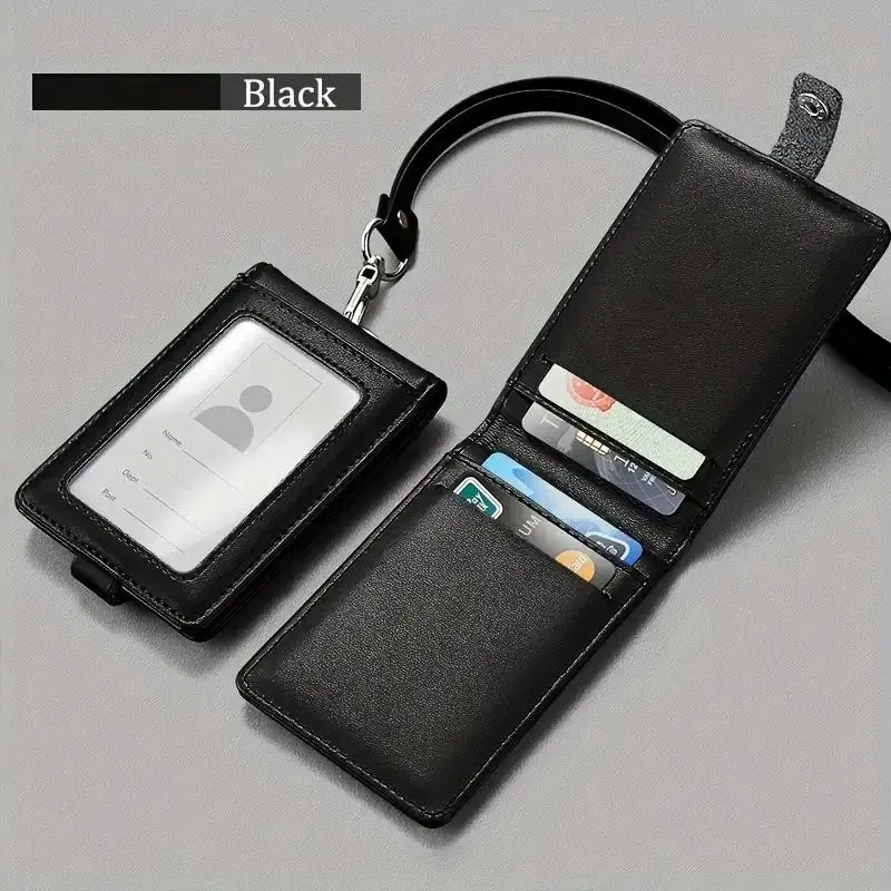 PU Leather ID Card Holder with Lanyard, Clear Front & Back Design, Secure Card Slots, Durable Business Accessory for Work, School, Office Supplies, ID Holders for Badges, Lanyards with ID Holder