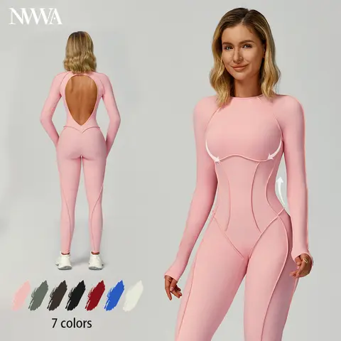 NVWA Women's Seamless Knit Nylon-Spandex Tummy Control Jumpsuit - Backless, Compression Long Sleeve, Sporty Comfy Workout Romper Overalls with Tennis Skirt, Shorts, Tie-Front Tracksuit for Gym, Hiking Workout Gym Clothing