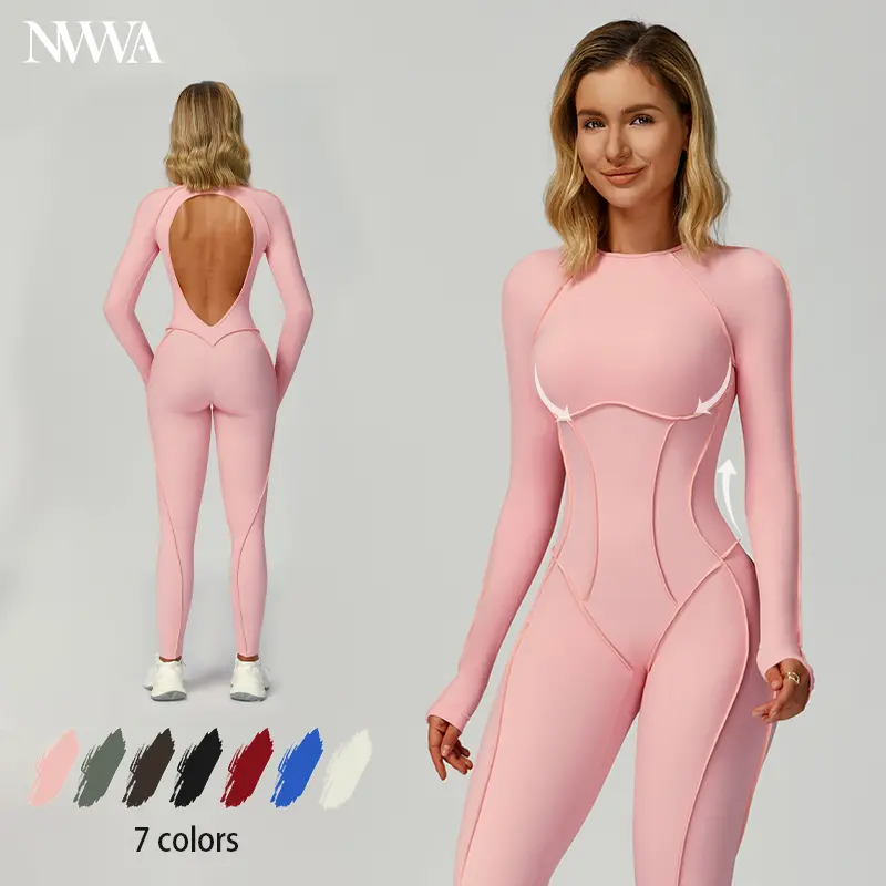 NVWA Women's Seamless Knit Nylon-Spandex Tummy Control Jumpsuit - Backless, Compression Long Sleeve, Sporty Comfy Workout Romper Overalls with Tennis Skirt, Shorts, Tie-Front Tracksuit for Gym, Hiking Workout Gym Clothing tiktokshopbacktoschool