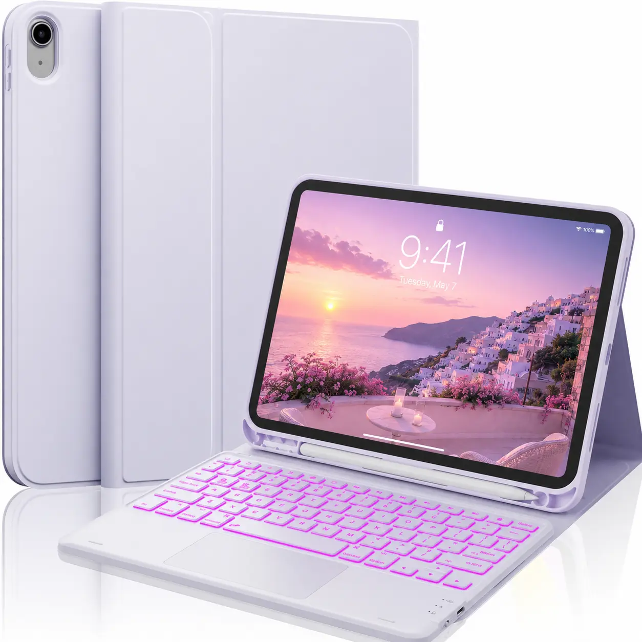 [CHESONA] for iPad 10th Generation Case with Keyboard, 7 Color Backlight, Multi-Touch Trackpad, Flip Stand Case with Pencil Holder, 2 Wireless Channels for iPad (A16) 11th/10th Gen 2025/2022, Purple.