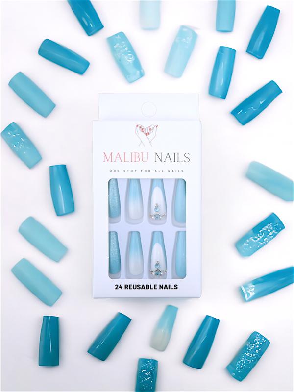 MALIBU Fashion Long Ballerina Fake Nails Set Press on Nails French Blue False Nail Tips With Designs Shiny Rhinestone Manicure